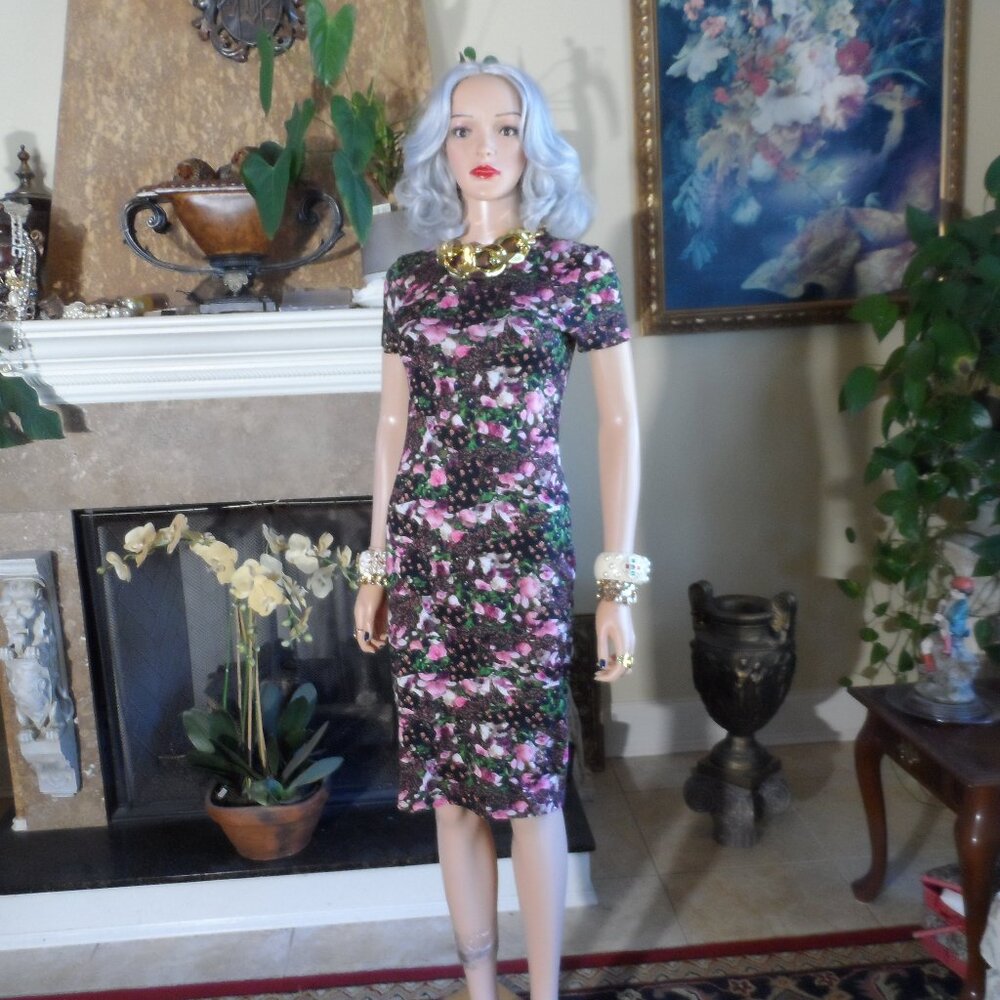 Givency Paris Black Multi Color Floral Print Sheath Dress - Size XS